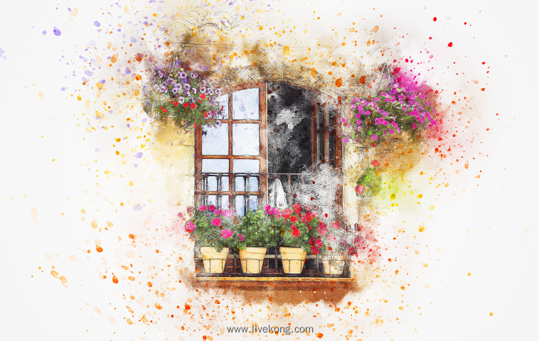 窗台花盆水彩画