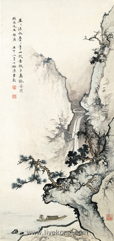 水墨高山瀑布国画作品