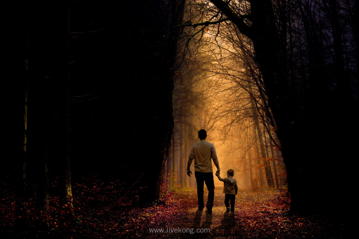 父亲牵着儿子的手在树林里走路