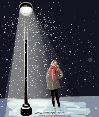 艺术绘画冬季美女站在路灯下