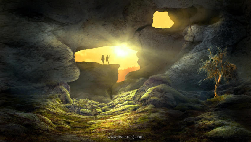 原始人站在山洞口看太阳